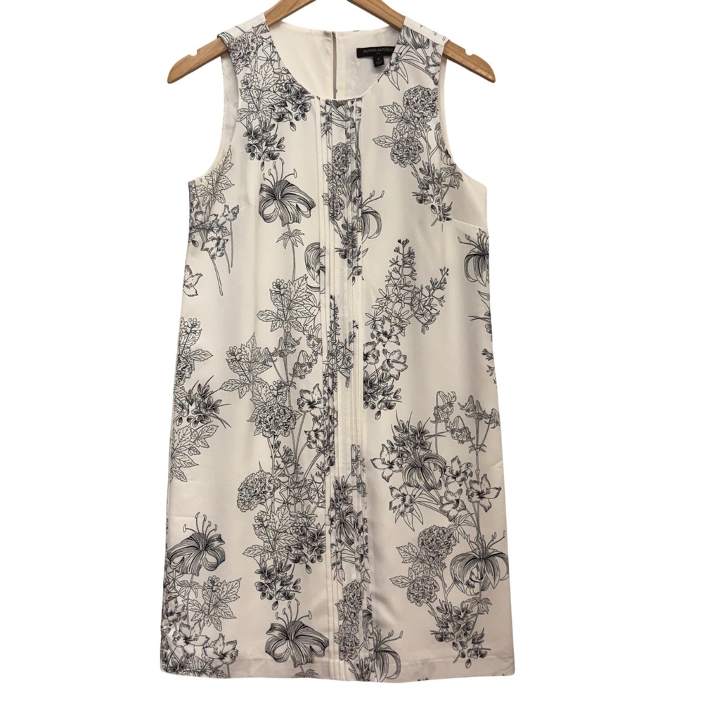 Banana Republic Womens White Black Floral Pintuck Sleeveless Shift Dress Size 4